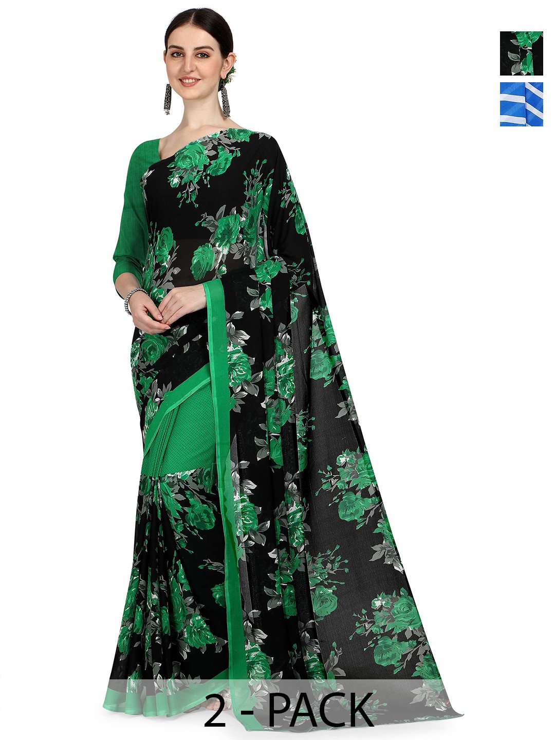 

ANAND SAREES Selection of 2 Floral Printed Saree, Green
