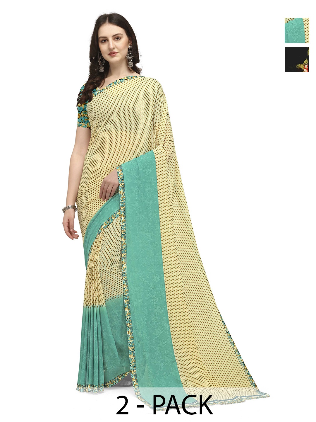 

ANAND SAREES Pack of 2 Floral Saree, Black