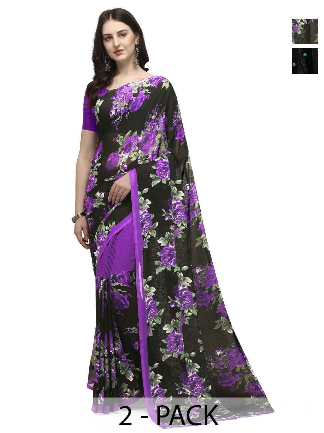 

ANAND SAREES Pack Of 2 Polka Dot And Floral Saree, Black