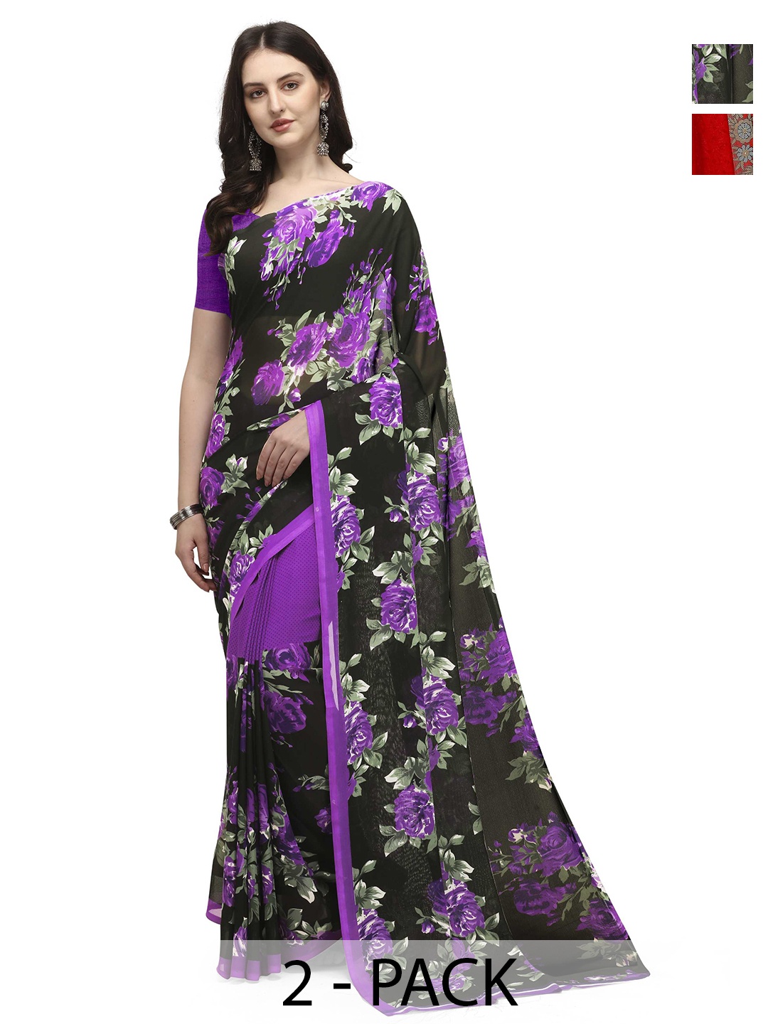 

ANAND SAREES Pack of 2 Floral Saree, Black