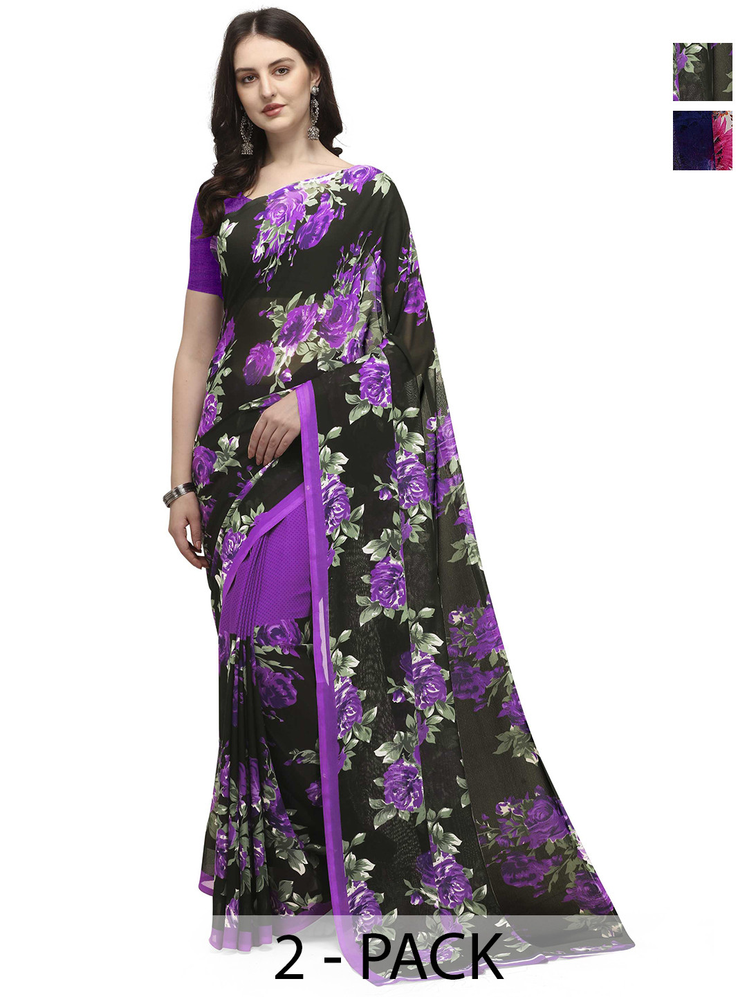 

ANAND SAREES Floral Saree Pack of 2, Black