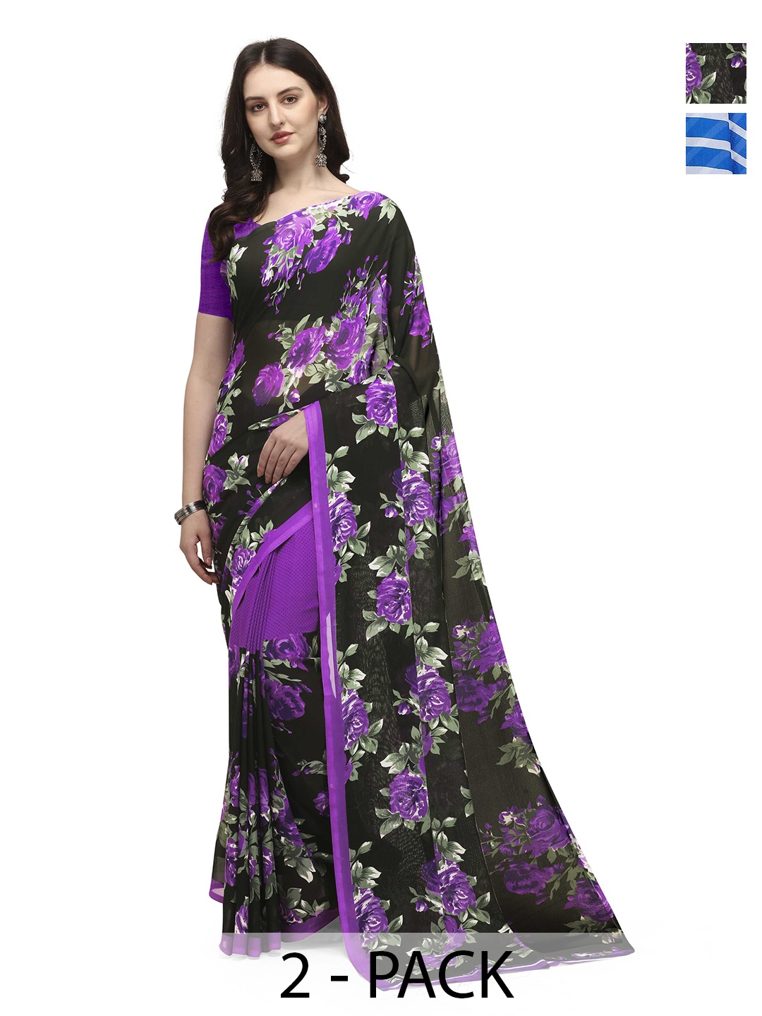 

ANAND SAREES Pack of 2 Floral Saree, Black