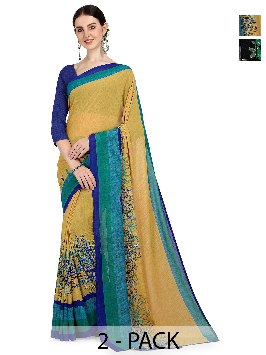 

ANAND SAREES Pack of 2 Floral Saree, Black