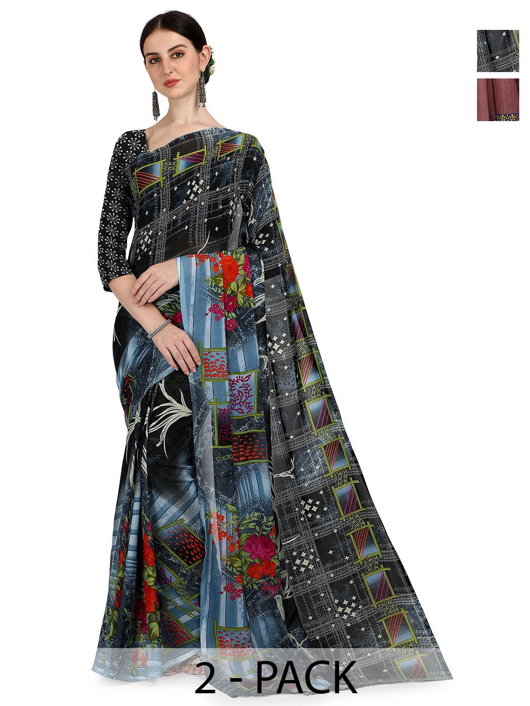

ANAND SAREES Selection of 2 Floral Saree, Black