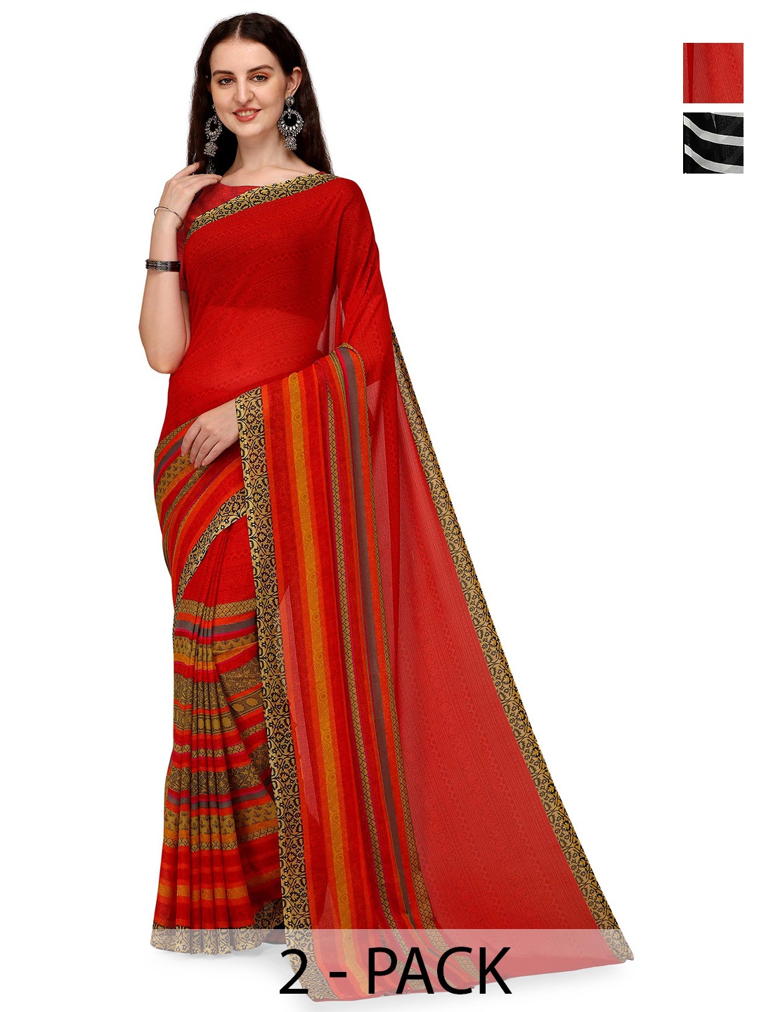 

ANAND SAREES Pack of-2 Striped Printed Saree, Red