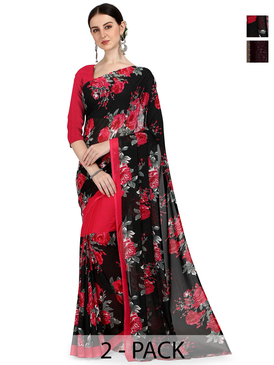 

ANAND SAREES Pack Of 2 Floral Half and Half Saree With Blouse Piece, Black