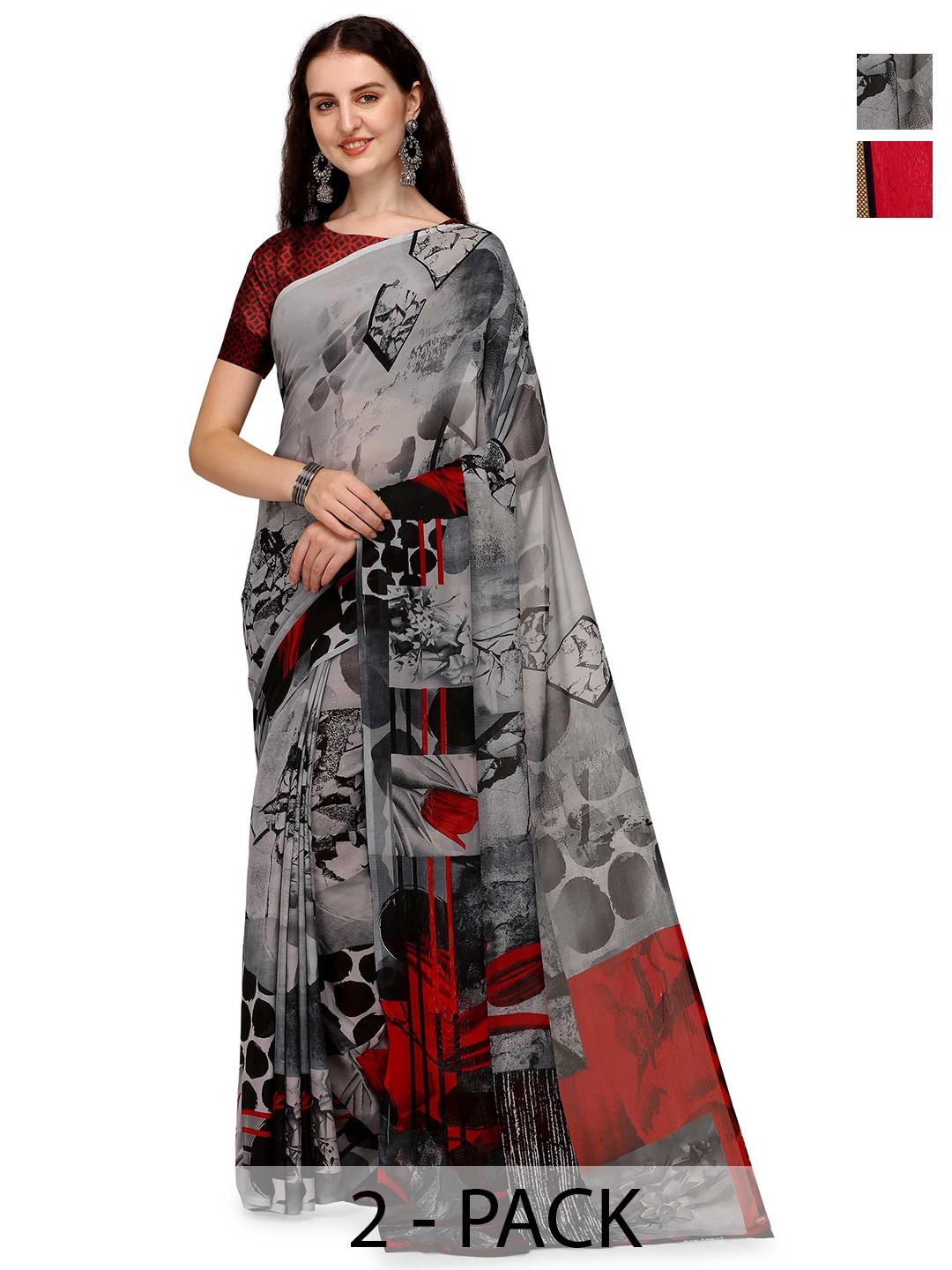 

ANAND SAREES 2-Pack Abstract Printed Saree, Red