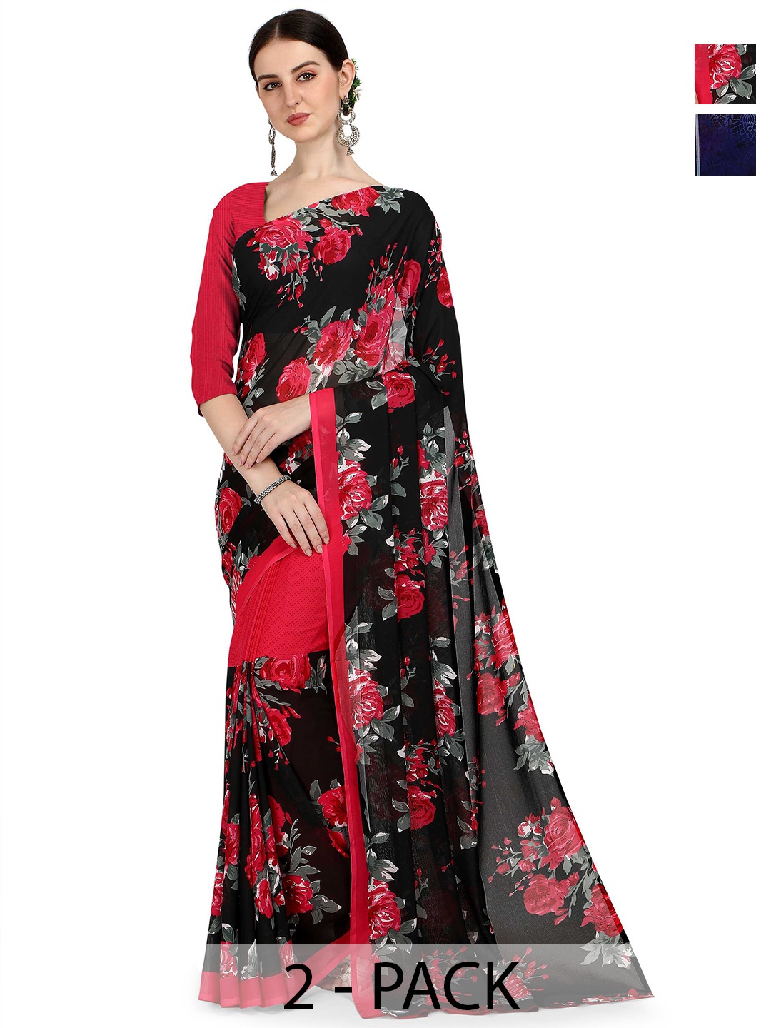 

ANAND SAREES Floral Printed Saree PACK OF 2, Red