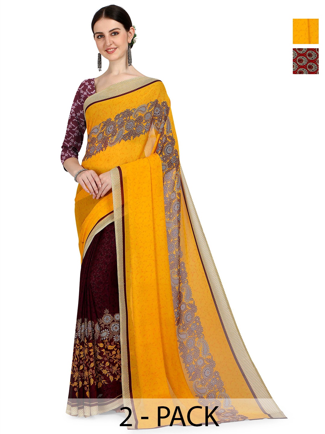 

ANAND SAREES Floral Pack of 2 Floral Saree, Brown