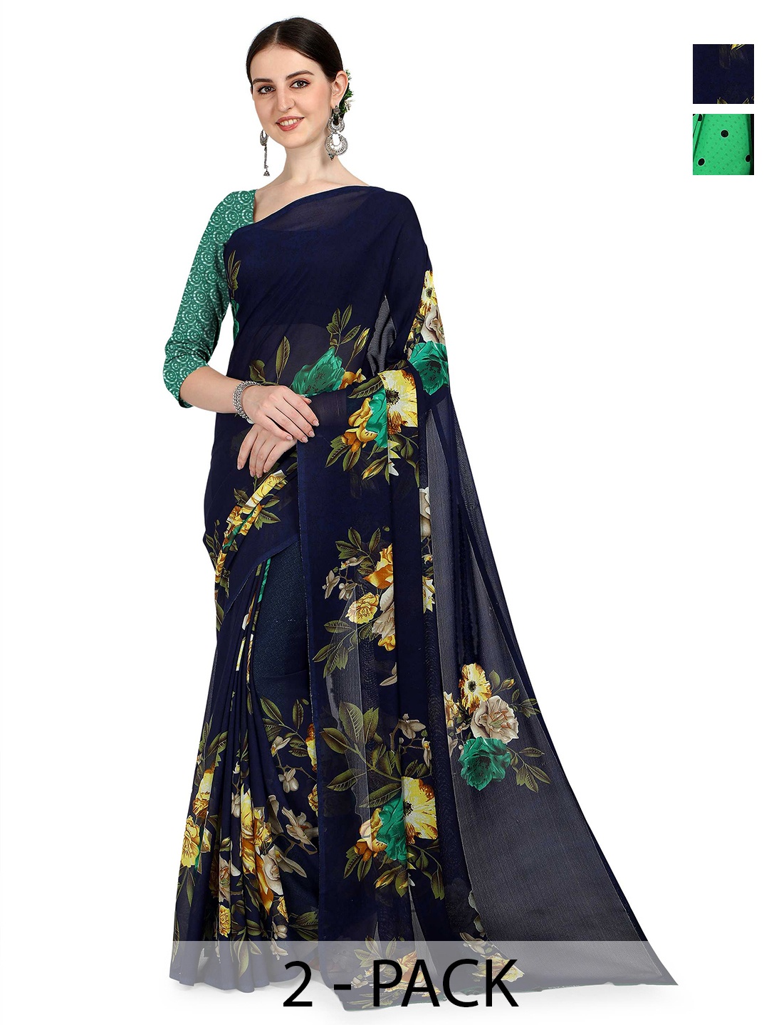 

ANAND SAREES Pack of-2 Floral Printed Saree, Black