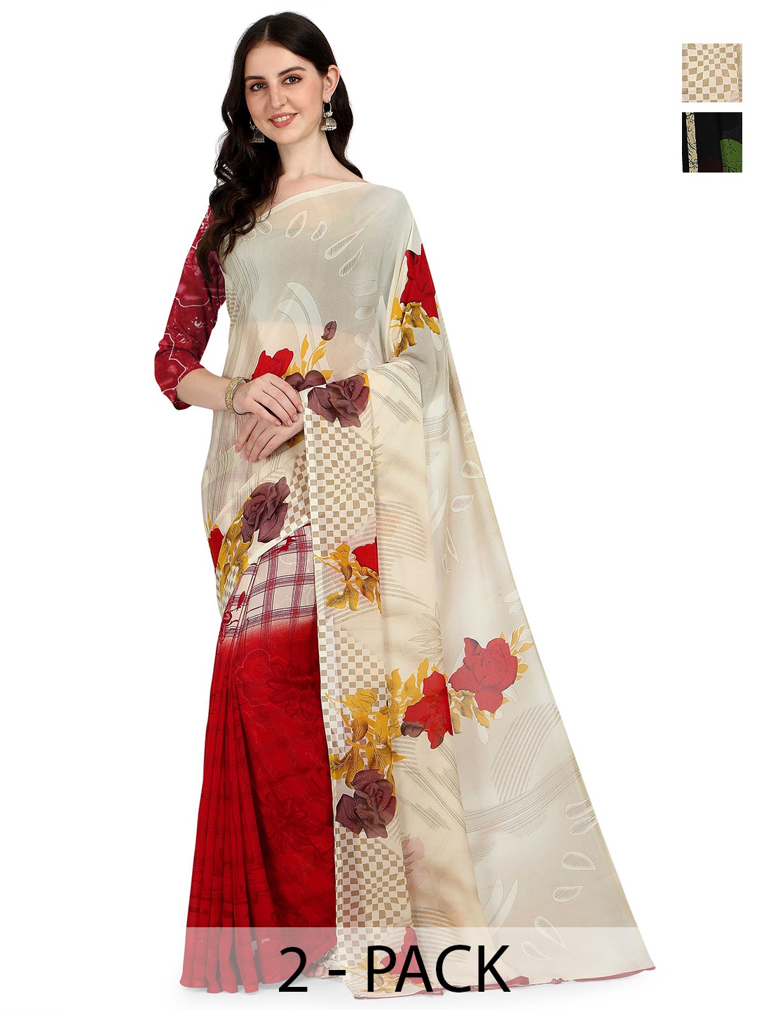 

ANAND SAREES Floral Saree Pack of 2, Cream