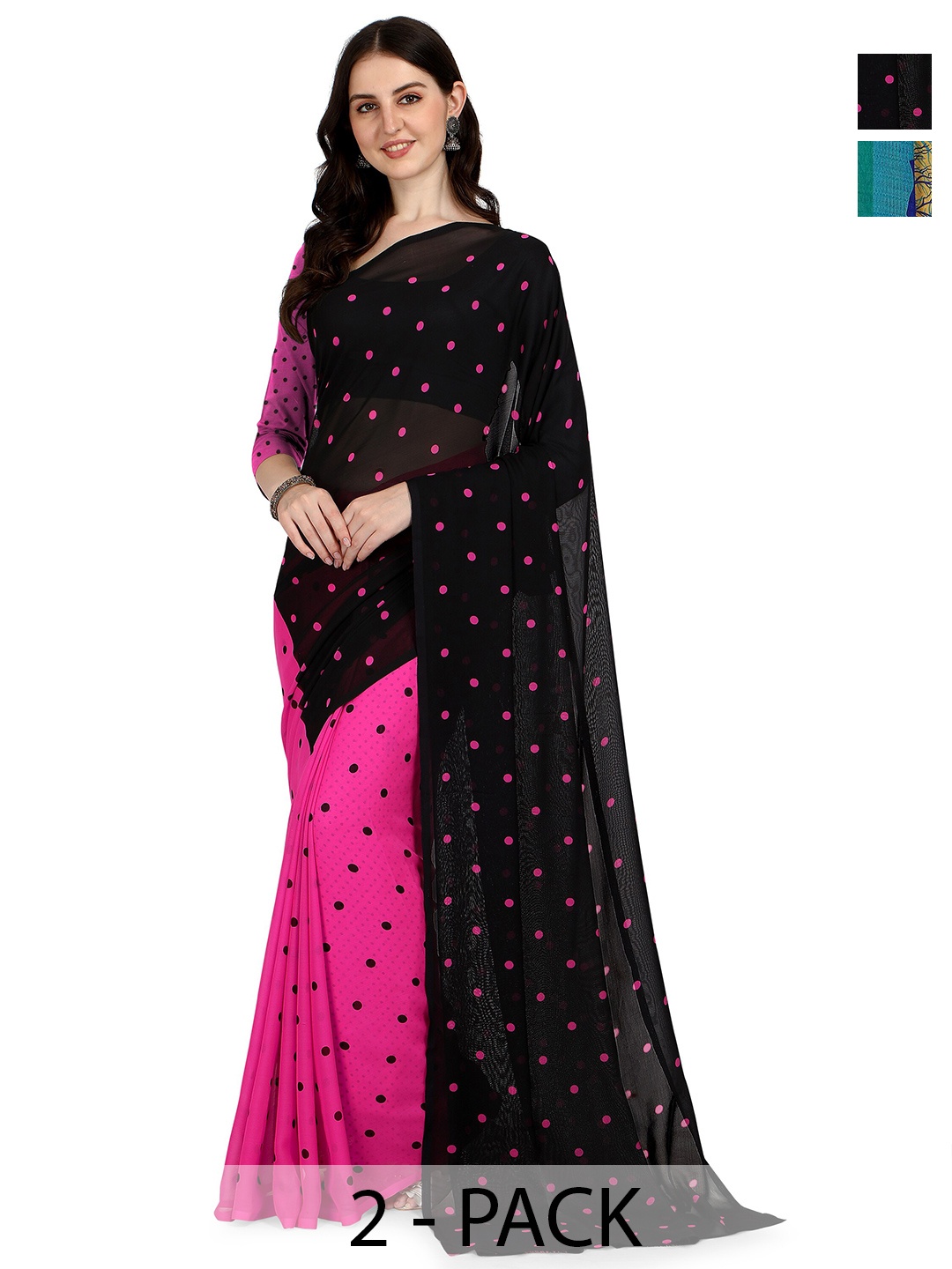 

ANAND SAREES Pack of 2 Polka Dot Saree, Black