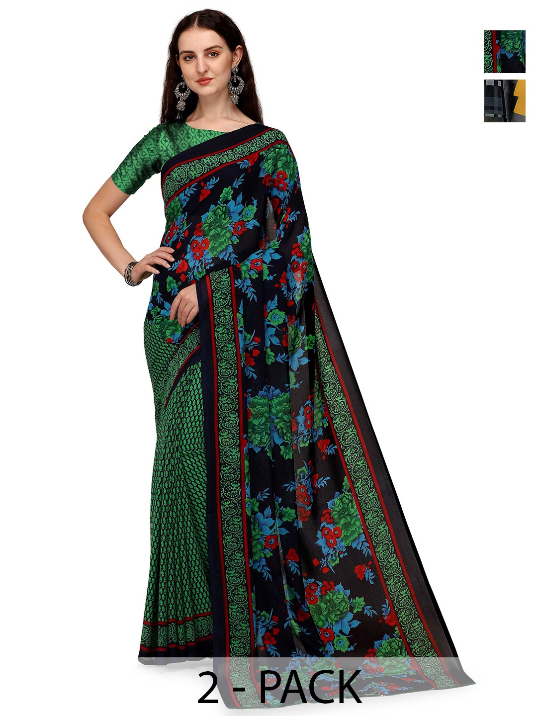 

ANAND SAREES 2-Pack Floral Saree, Green