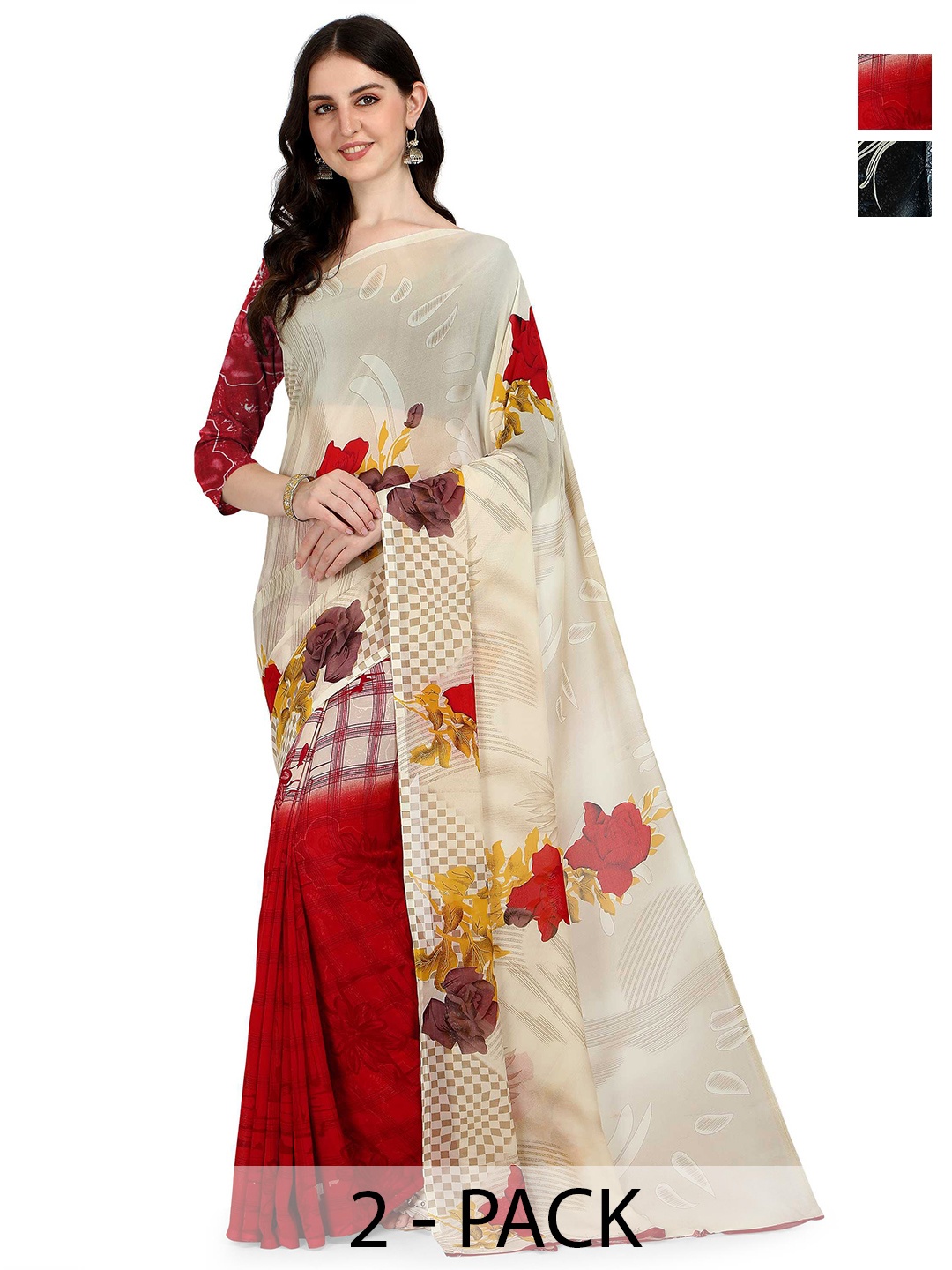 

ANAND SAREES Pack Of 2 Floral Saree, White