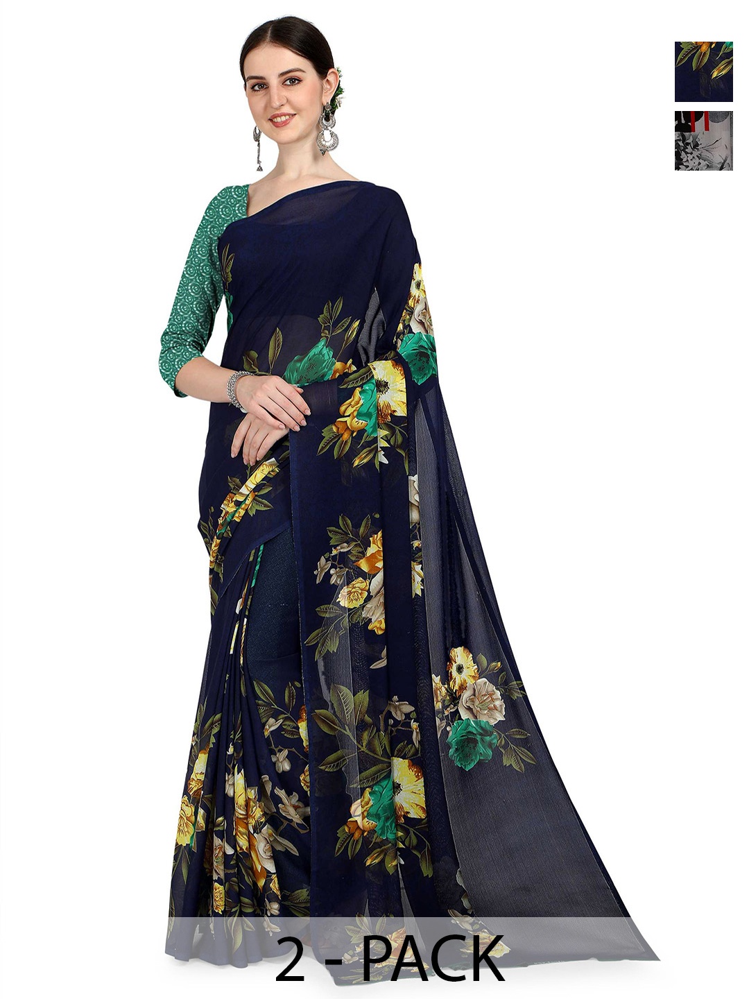 

ANAND SAREES Selection of 2 Floral Printed Saree, Navy blue