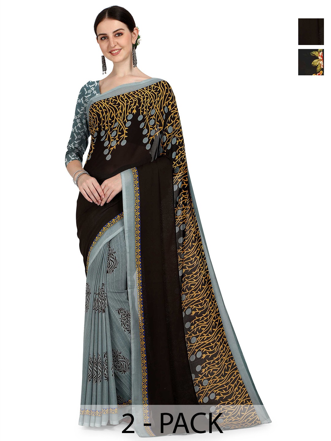 

ANAND SAREES Floral Saree Pack of 2, Black