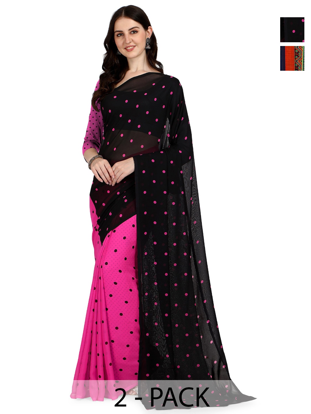 

ANAND SAREES Pack Of 2 Polka Dot Half and Half Saree With Blouse Piece, Black