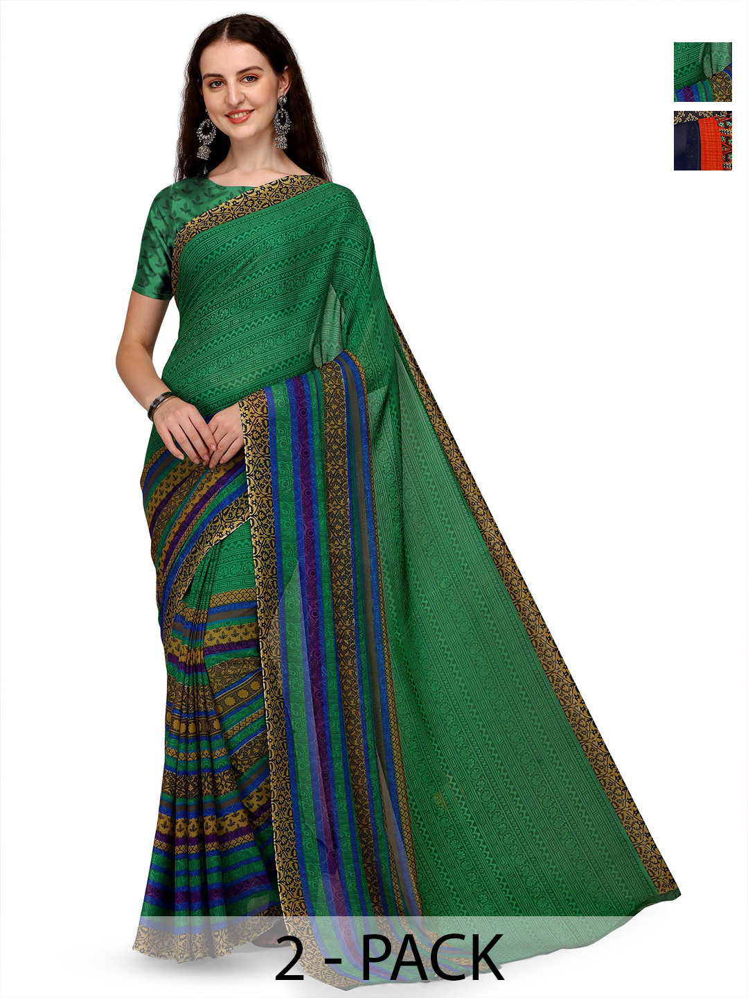 

ANAND SAREES Pack Of 2 Floral Saree, Green