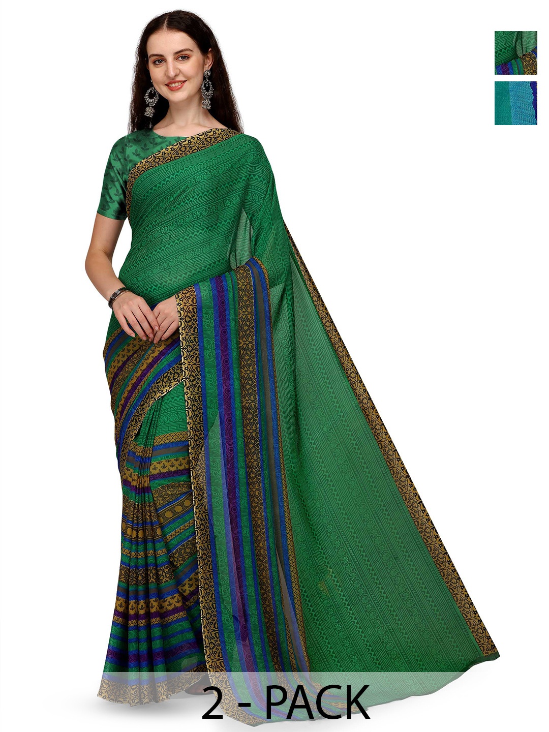 

ANAND SAREES 2-Pack Abstract Printed Saree, Green