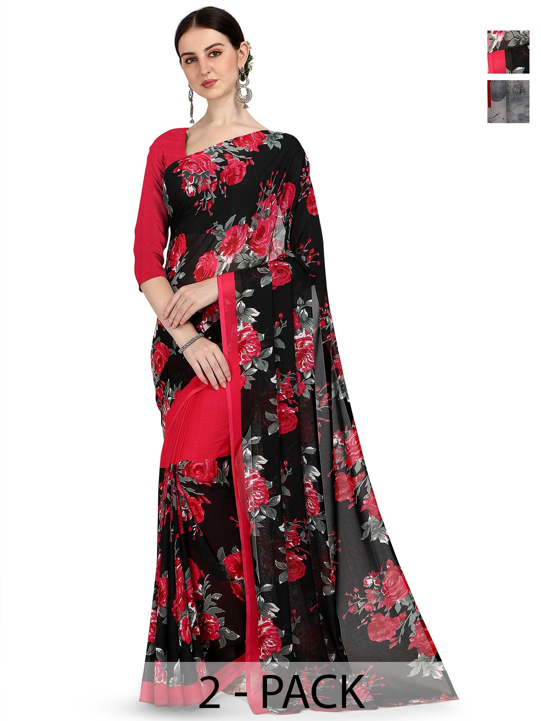 

ANAND SAREES Floral Printed Combo Pack of 2 Saree, Red