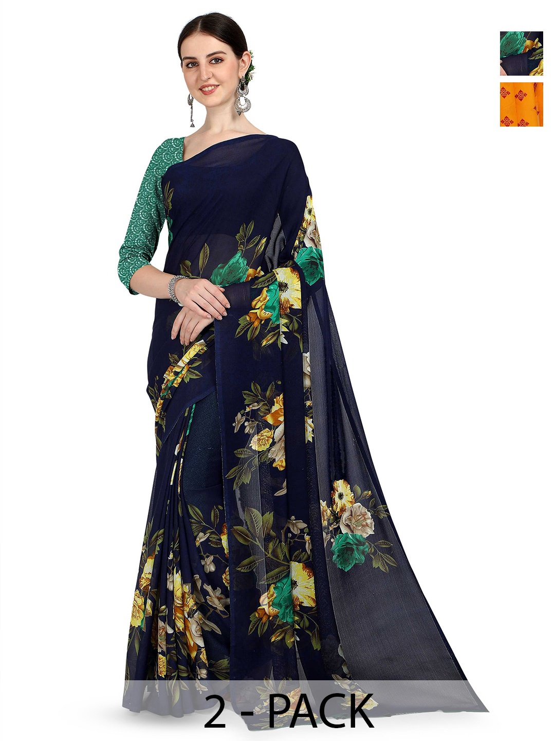

ANAND SAREES Pack of 2 Floral Saree, Black