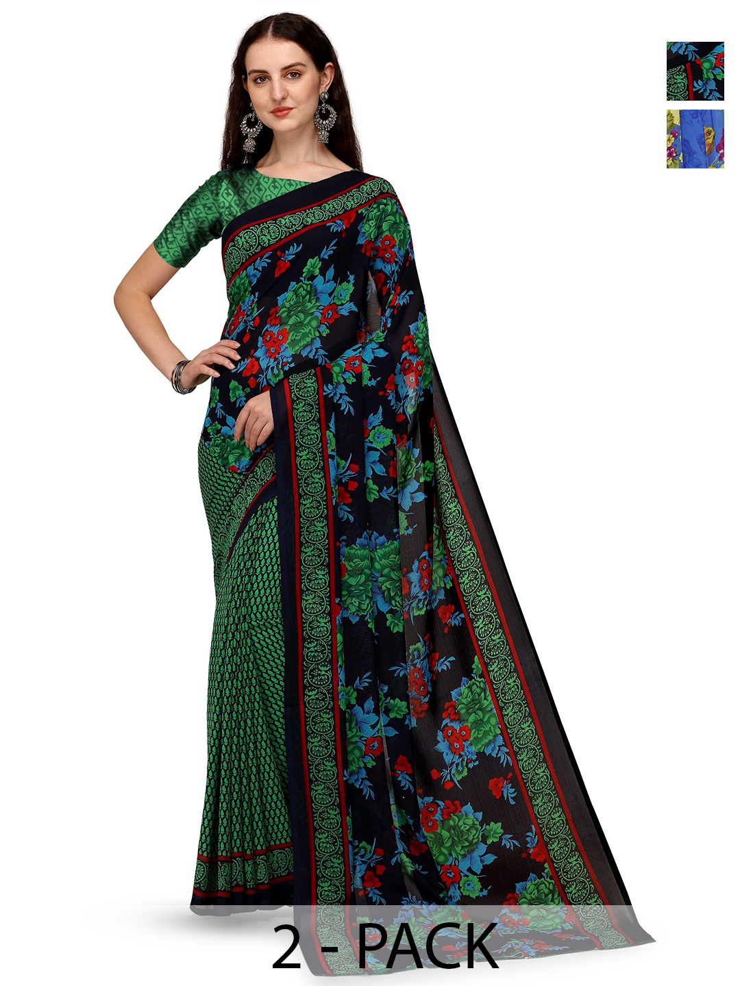 

ANAND SAREES Selection of 2 Floral Saree, Blue