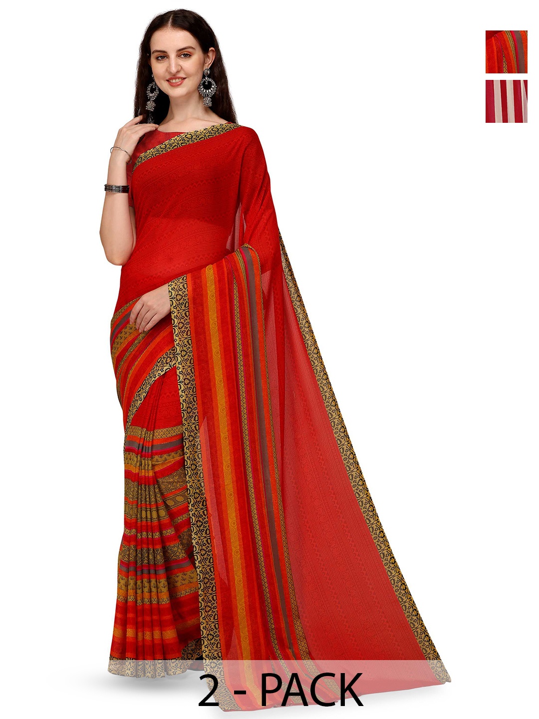 

ANAND SAREES Pack Of 2 Striped Saree With Blouse Piece, Red
