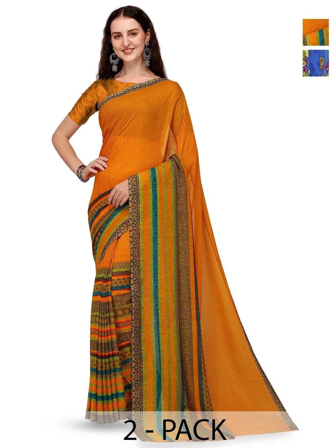 

ANAND SAREES Pack Of 2 Striped Saree With Blouse Piece, Mustard