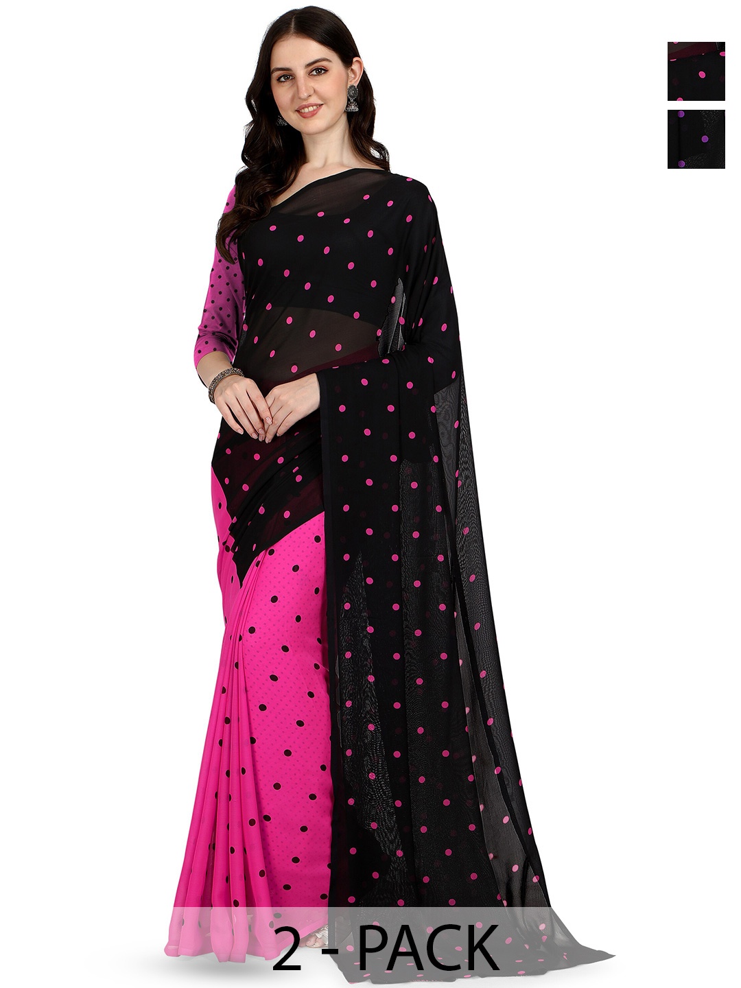 

ANAND SAREES Pack Of 2 Polka Dot Half and Half Saree, Pink