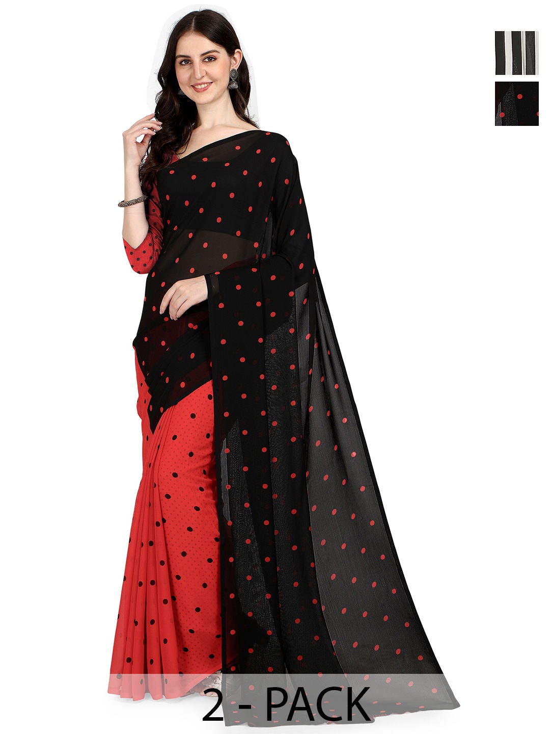 

ANAND SAREES Polka Dot Printed Pack of 2 Saree, Black