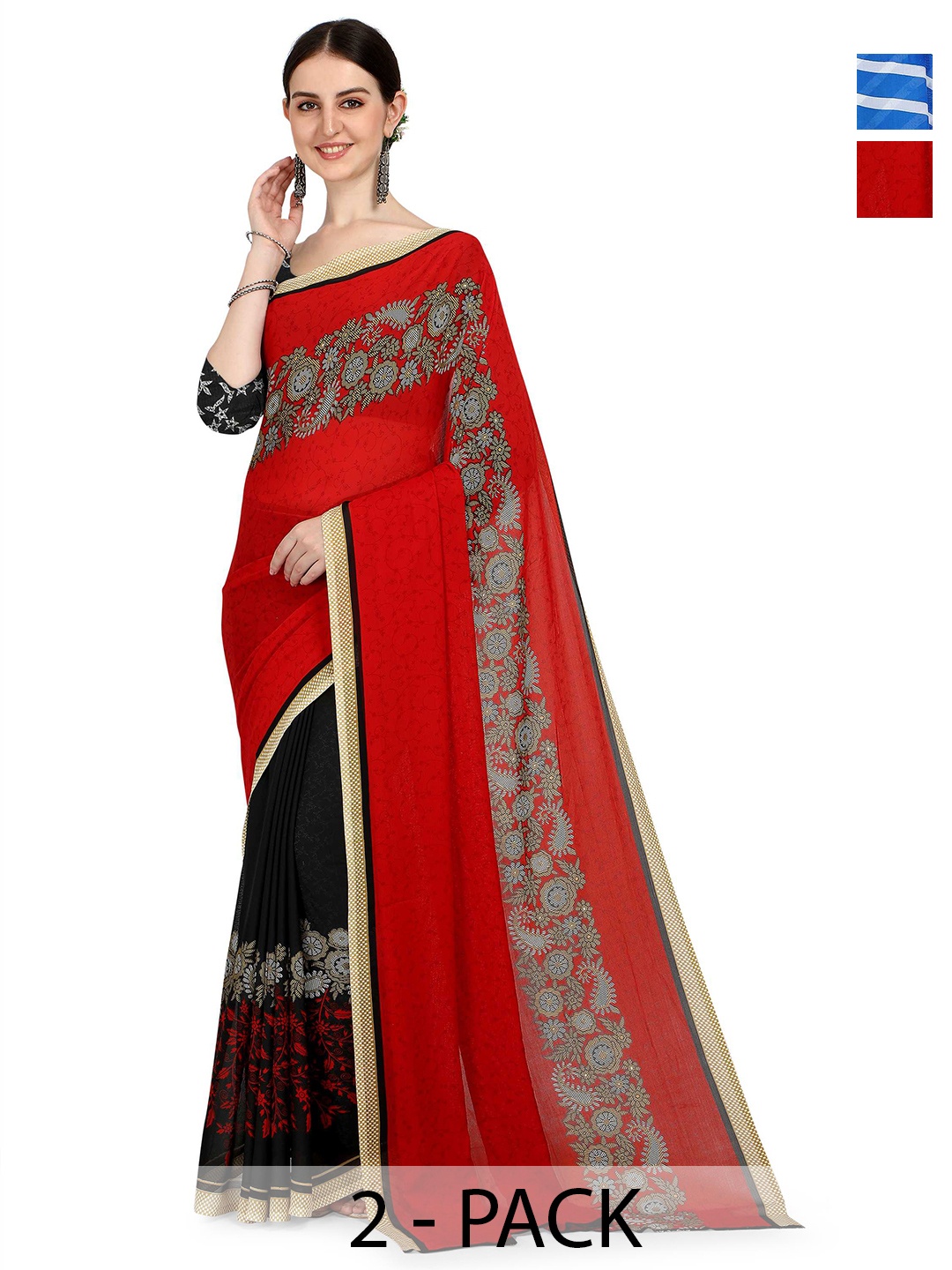 

ANAND SAREES Pack Of 2 Floral Saree With Blouse Piece, Red