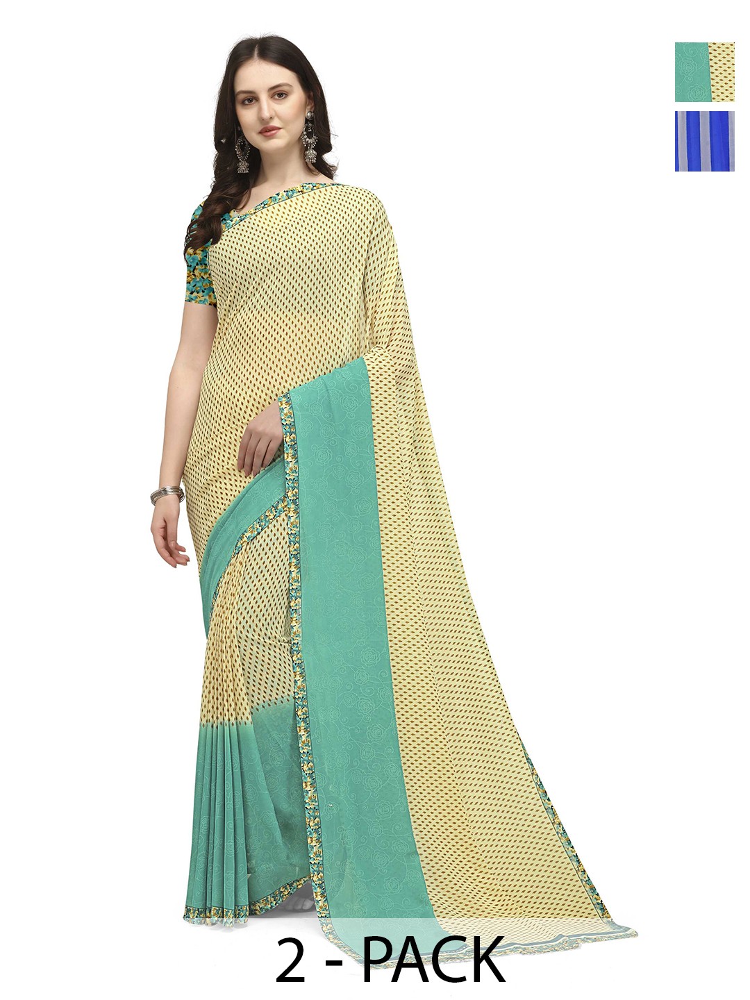 

ANAND SAREES Pack Of 2 Striped Saree, Blue