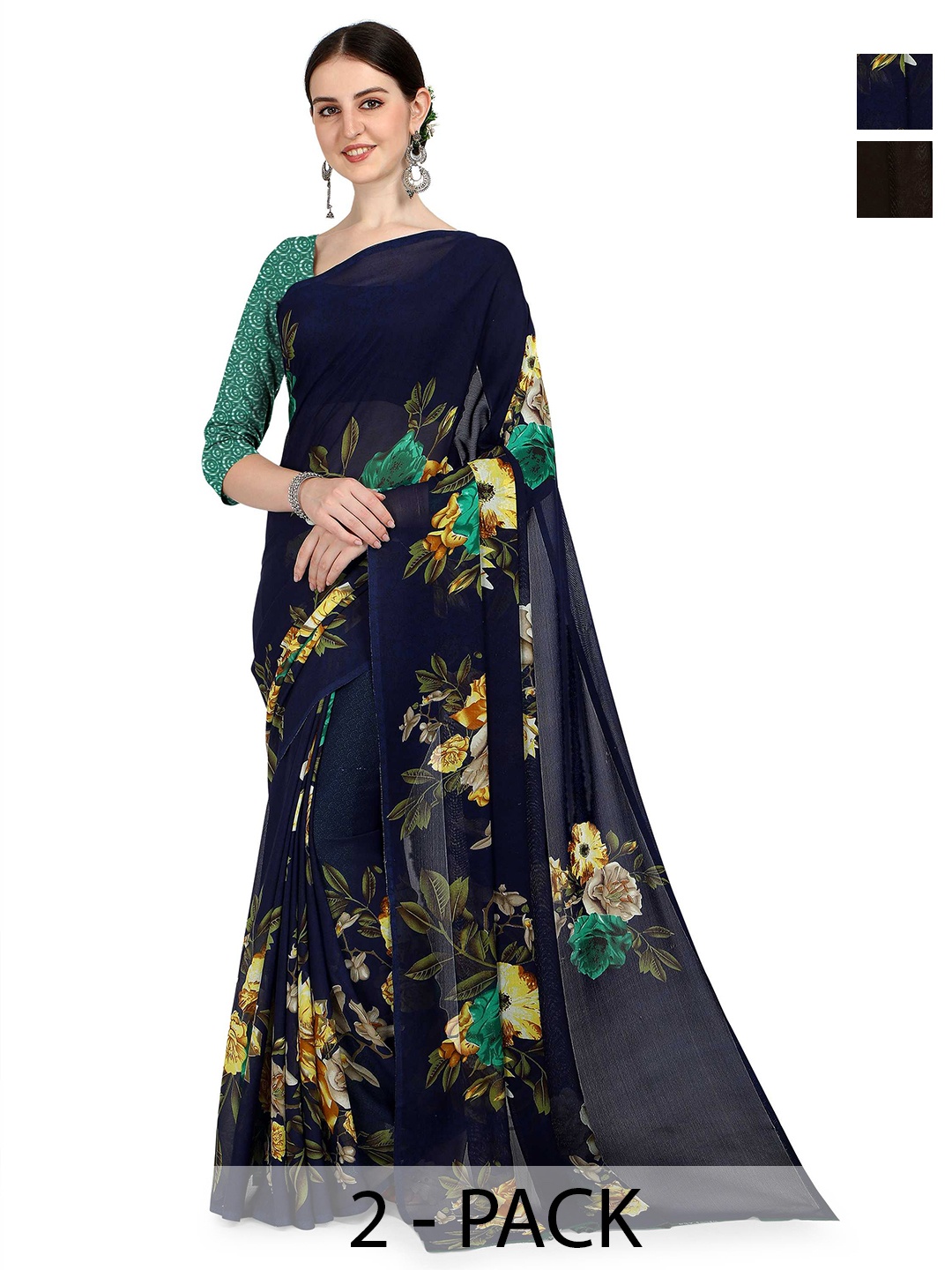 

ANAND SAREES Pack Of 2 Floral Half and Half Saree With Blouse Piece, Black