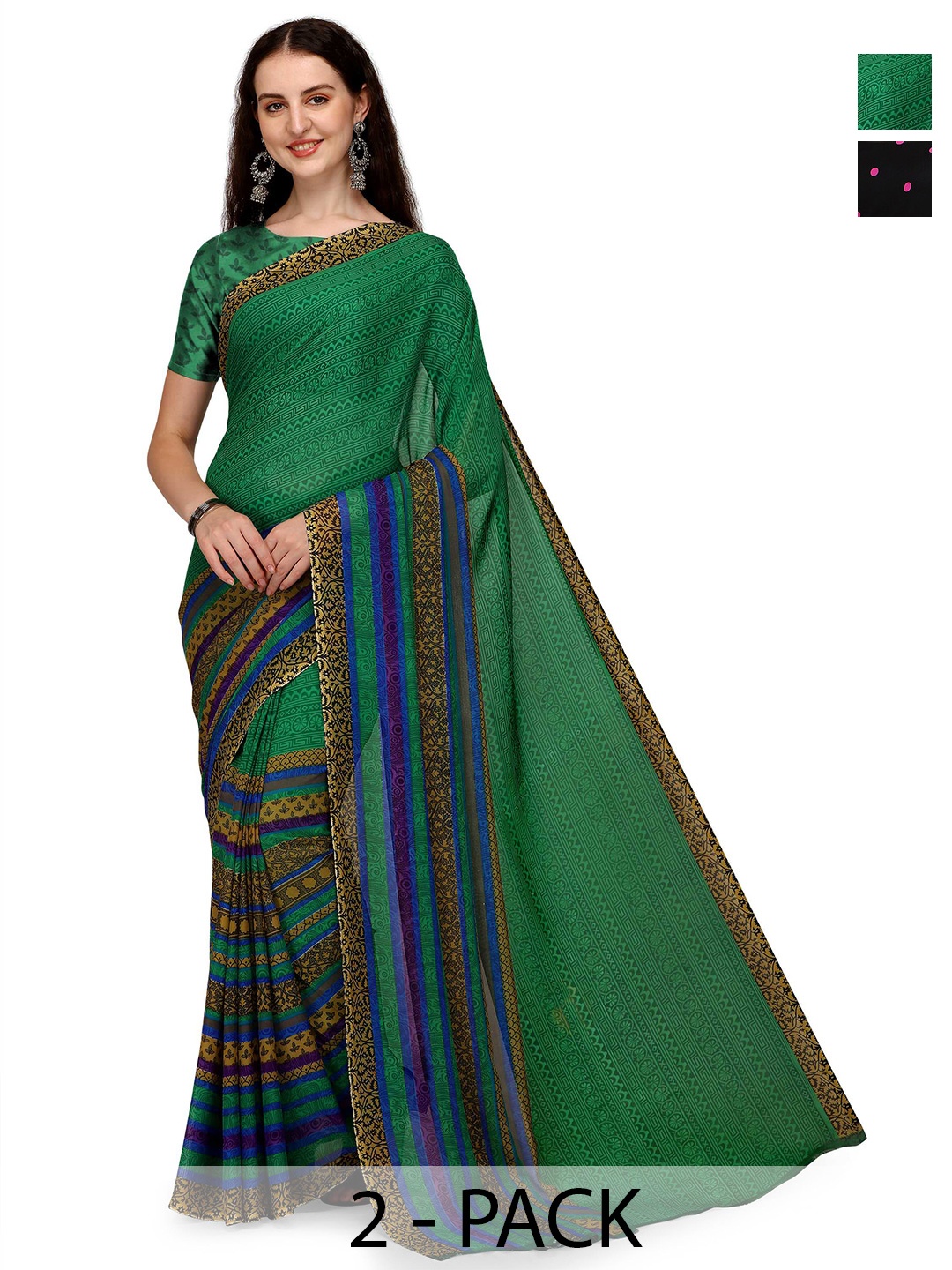 

ANAND SAREES Striped Saree Pack of 2, Black