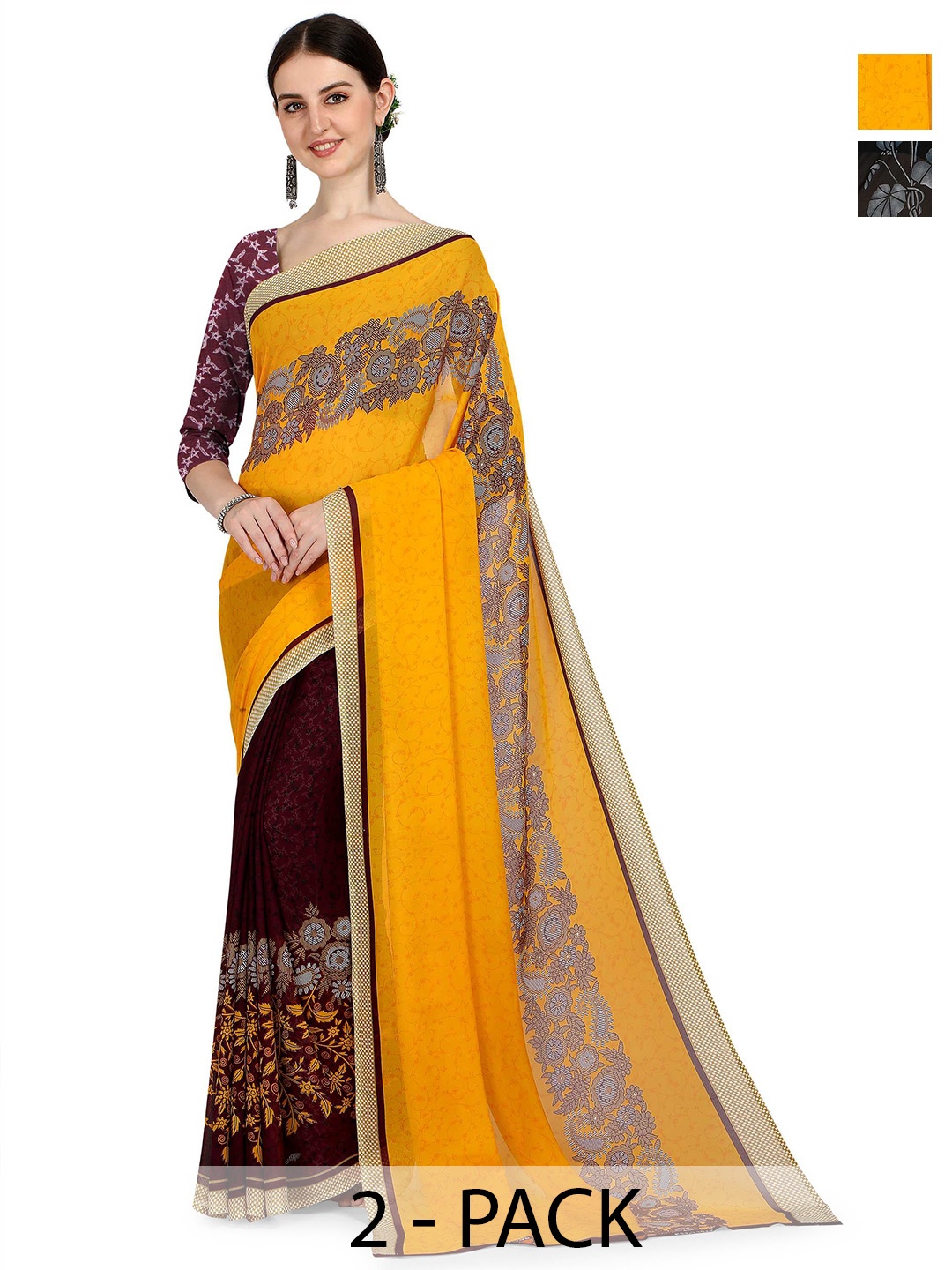 

ANAND SAREES Pack of 2 Floral Saree, Grey