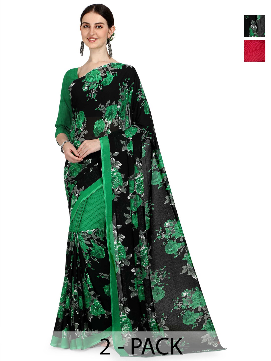 

ANAND SAREES Pack of 2 Floral Saree, Green