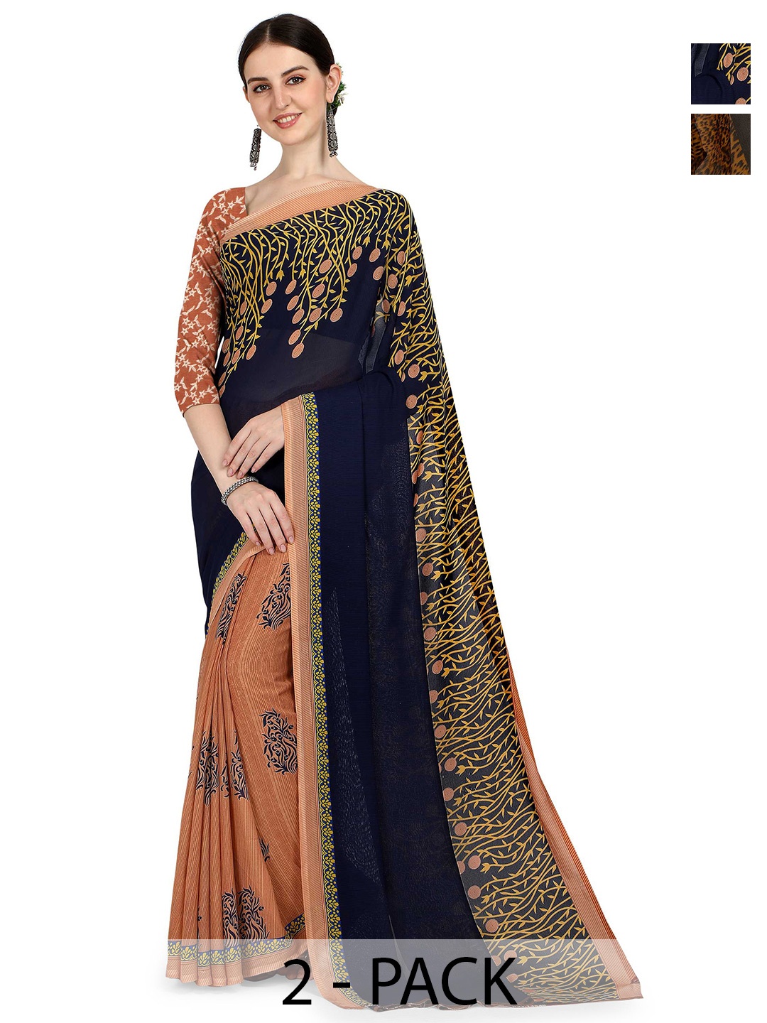

ANAND SAREES Pack Of 2 Floral Half and Half Saree With Blouse Piece, Mustard