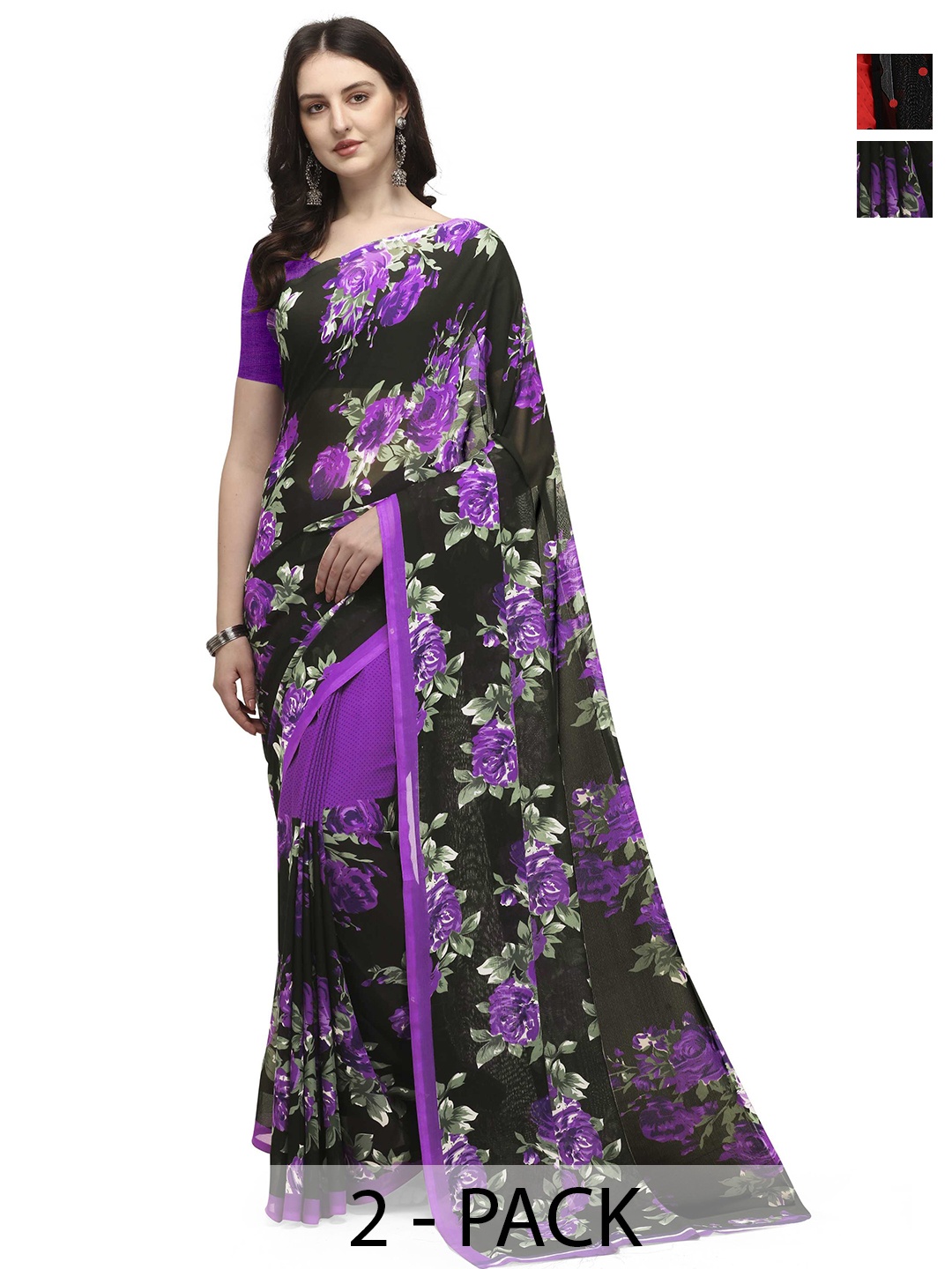 

ANAND SAREES Pack Of 2 Floral Half and Half Saree With Blouse Piece, Black