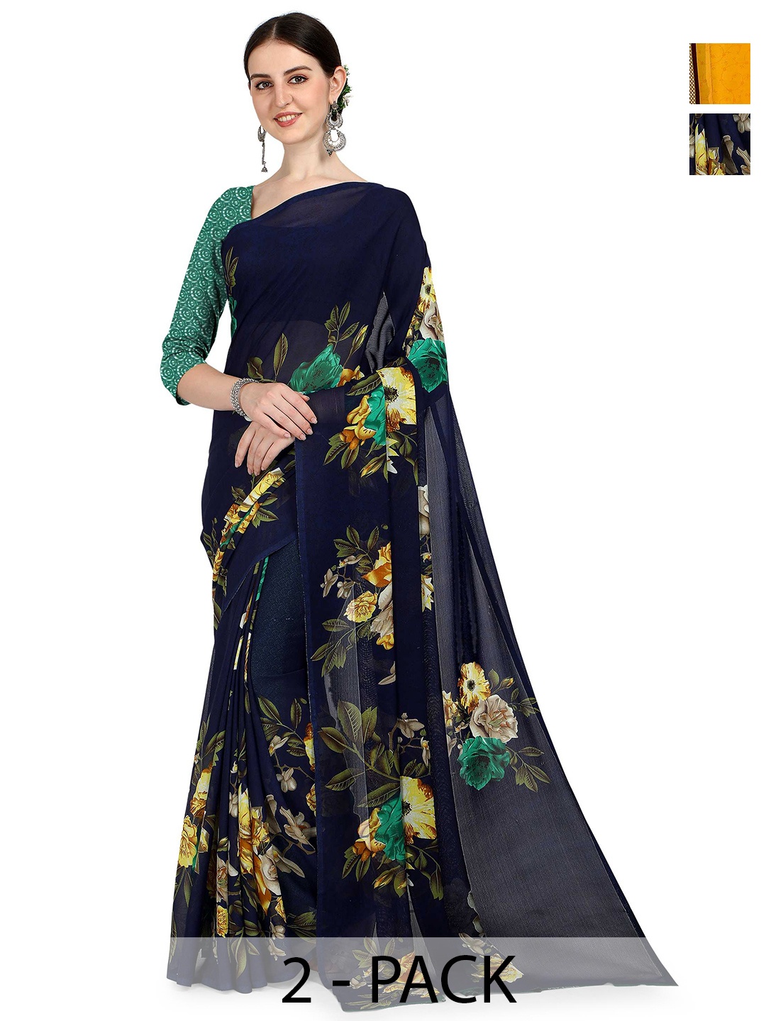 

ANAND SAREES Pack Of 2 Floral Half And Half Saree, Yellow