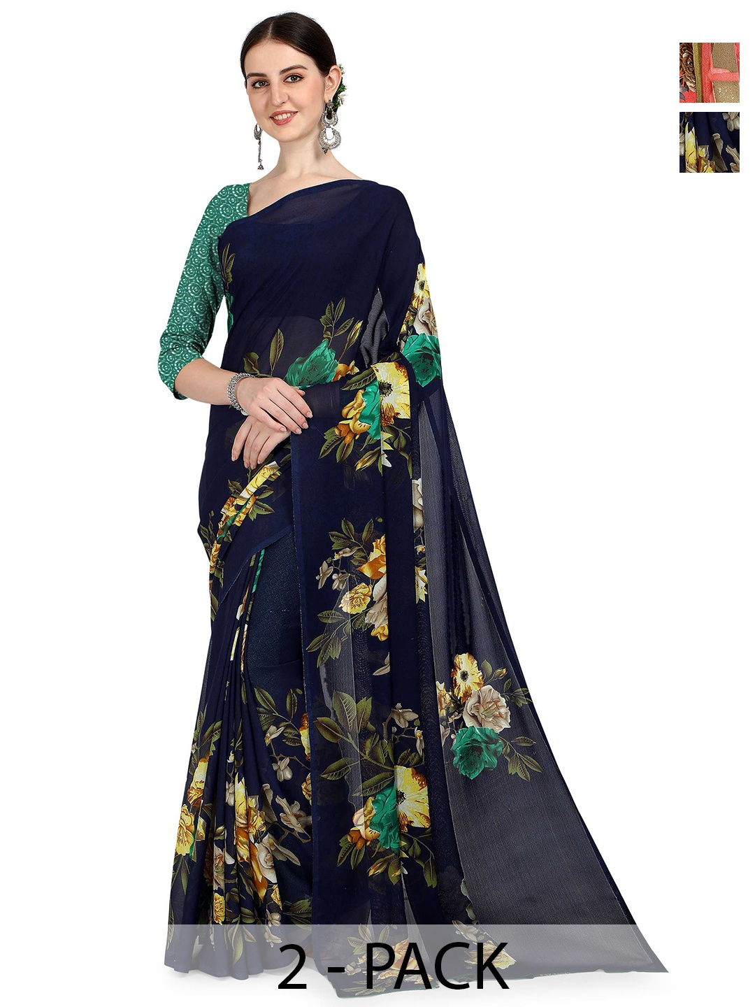 

ANAND SAREES Pack of 2 Floral Saree, Navy blue