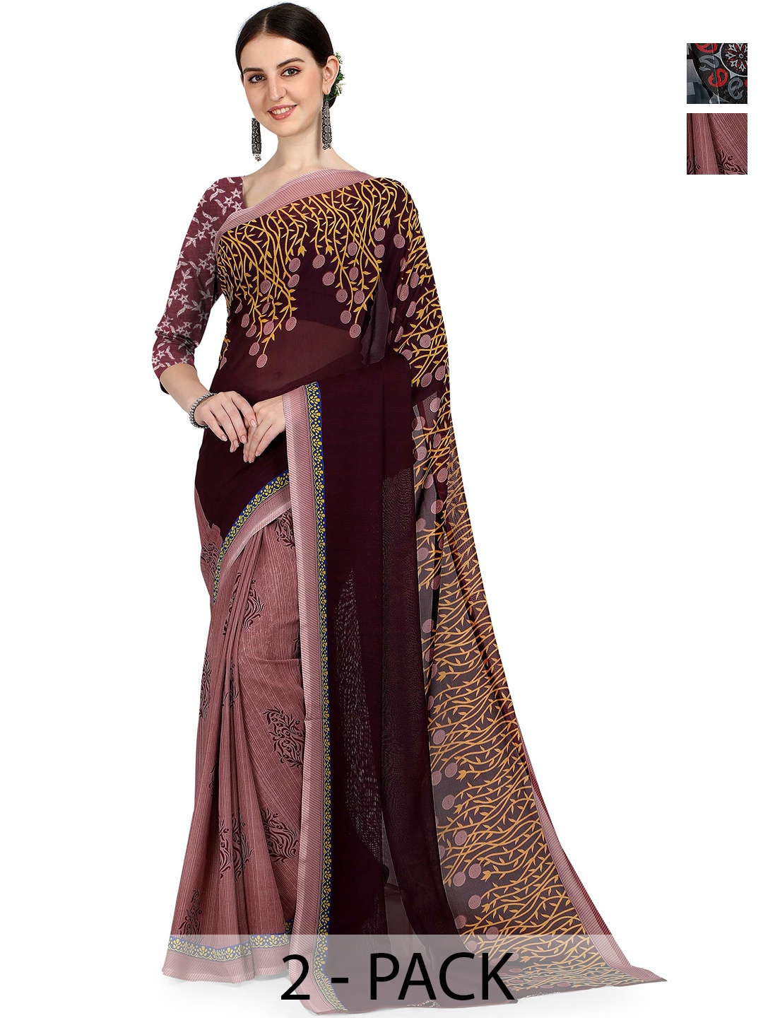 

ANAND SAREES Floral Saree Pack of 2, Brown