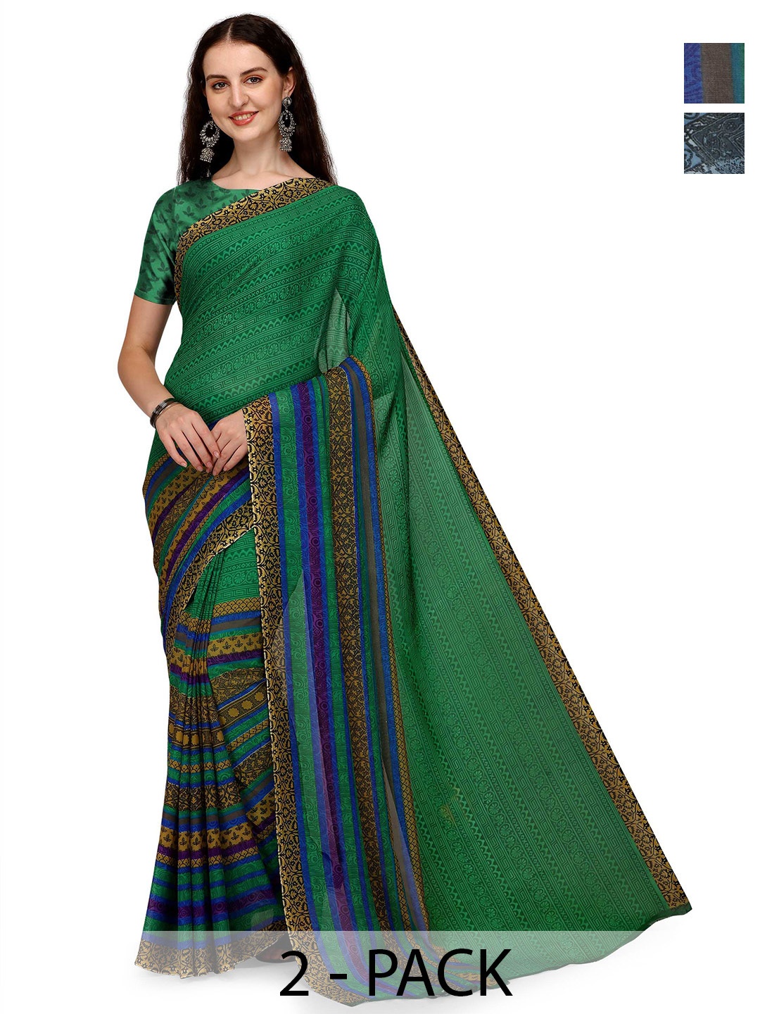 

ANAND SAREES Pack Of 2 Floral Saree With Blouse Piece, Green