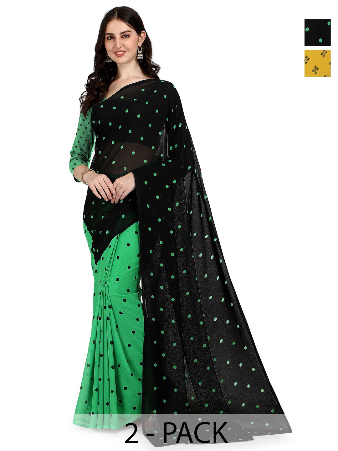 

ANAND SAREES Pack Of 2 Polka Dot Half and Half Saree, Yellow
