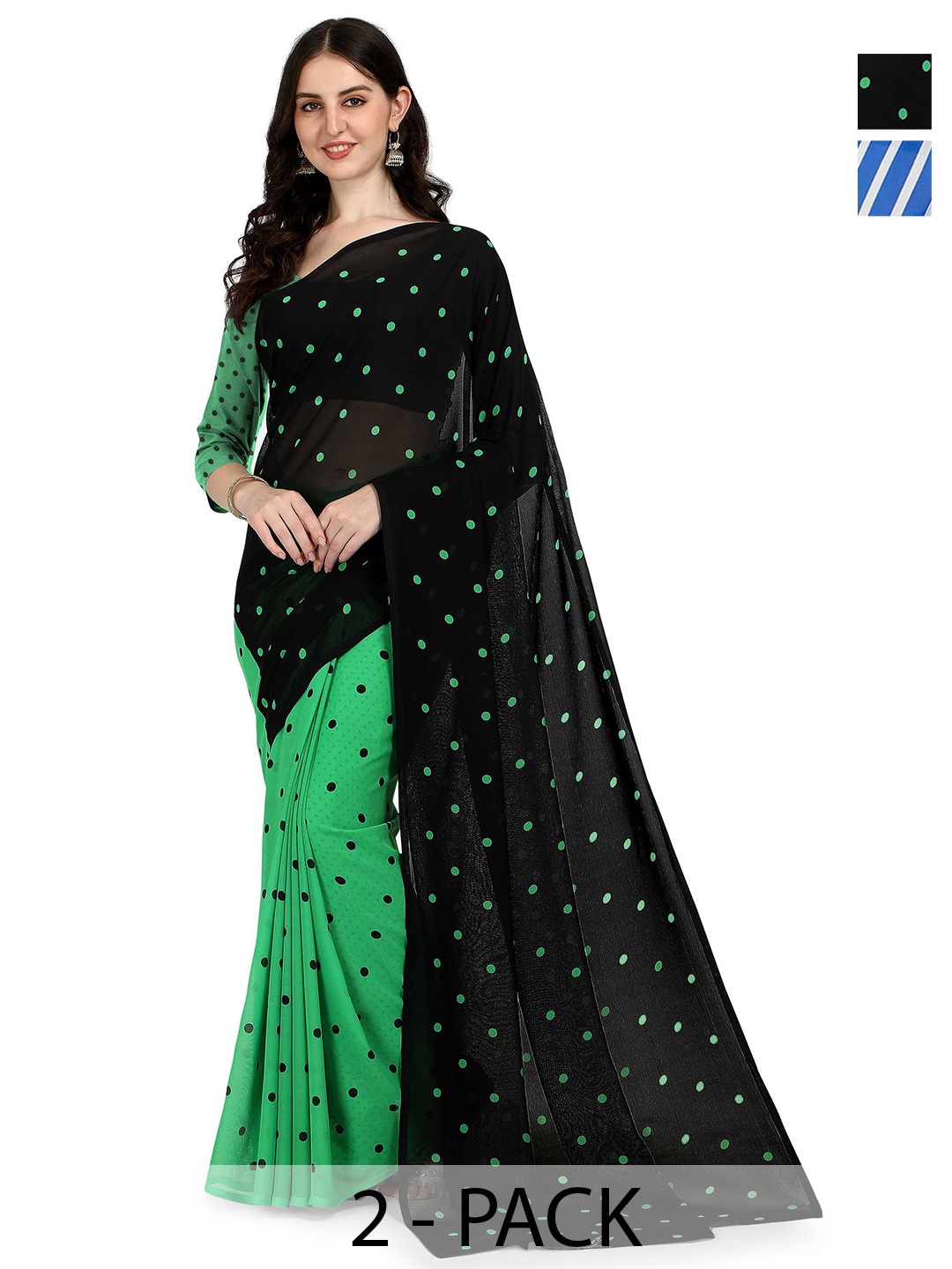 

ANAND SAREES Polka Dot 2-Pack Saree, Green