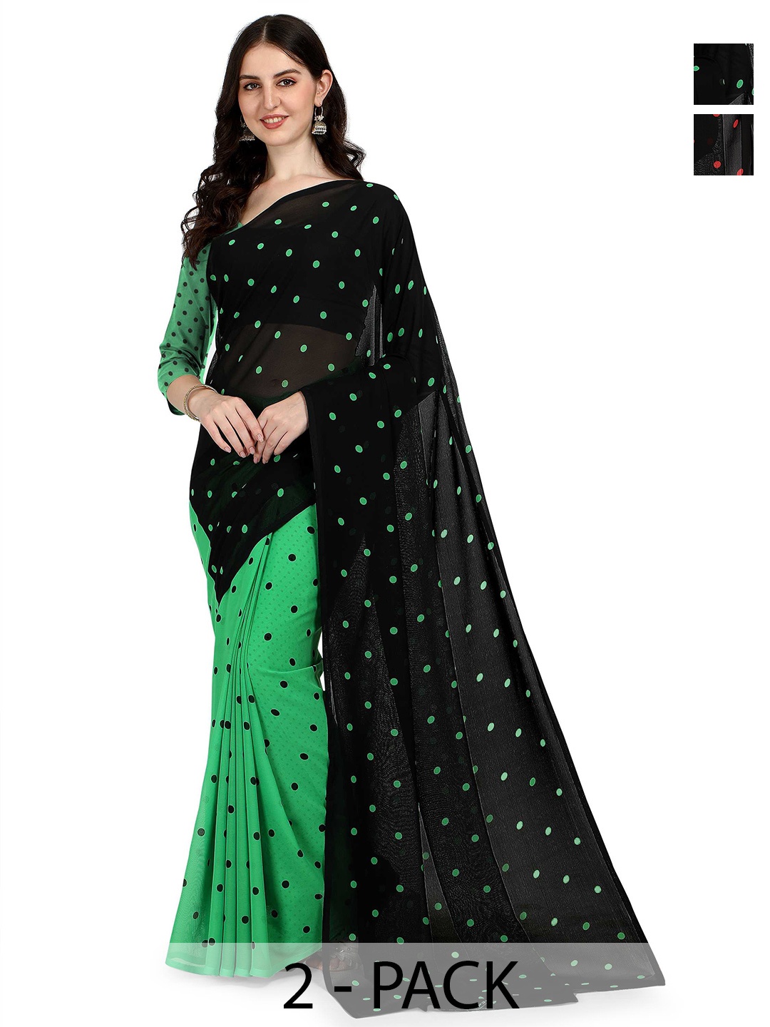 

ANAND SAREES Pack of 2 Polka Dot Half and Half Saree, Black