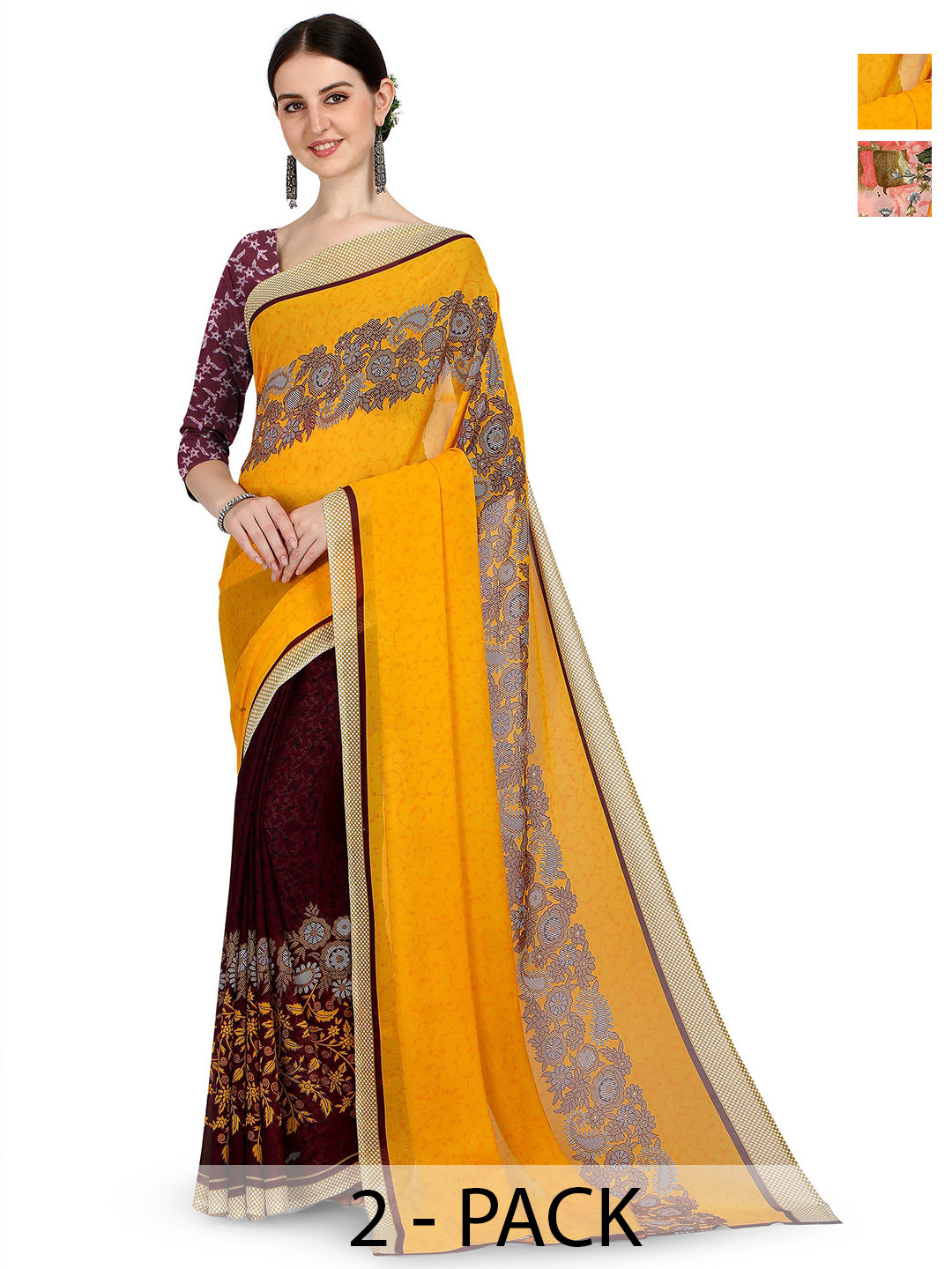 

ANAND SAREES Pack of 2 Polka Dot Saree, Brown