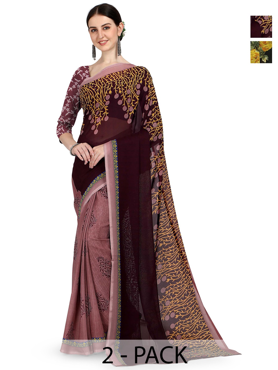 

ANAND SAREES Selection of 2 Floral Printed Saree, Black