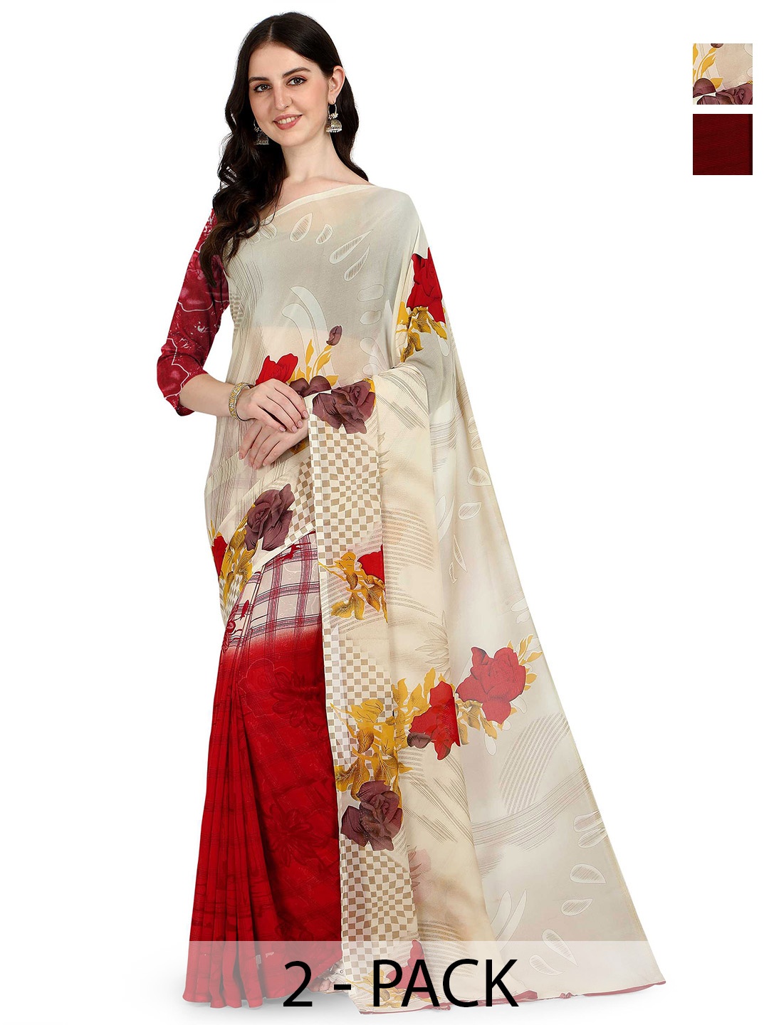 

ANAND SAREES Pack Of 2 Floral Saree With Blouse Piece, White