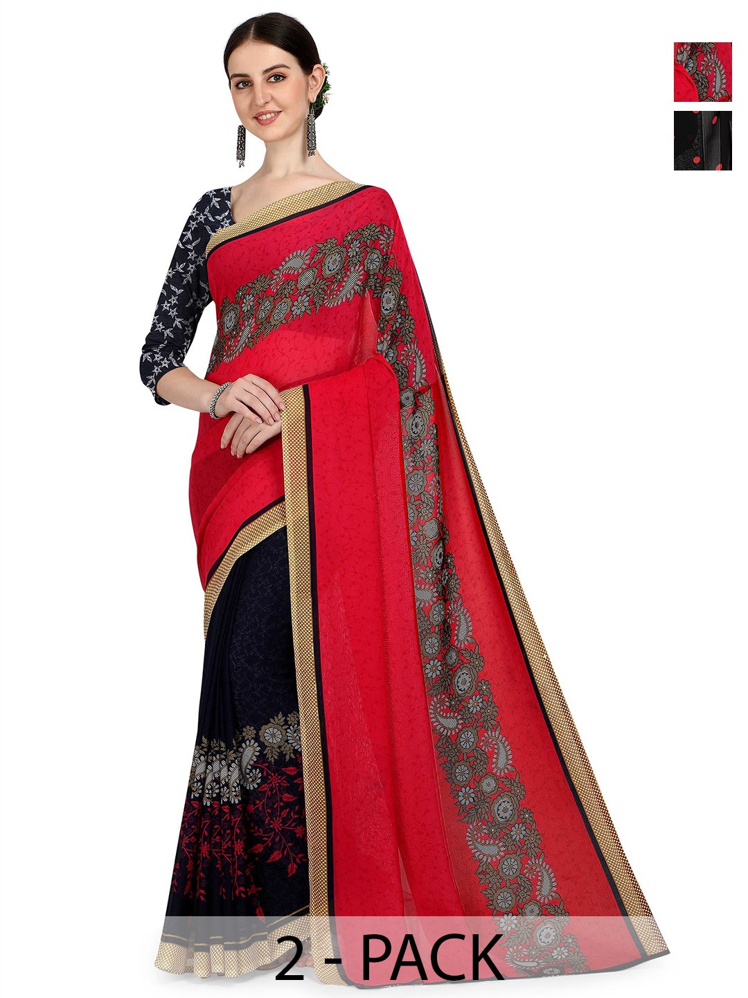 

ANAND SAREES Pack Of 2 Polka Dot Half and Half Saree With Blouse Piece, Black