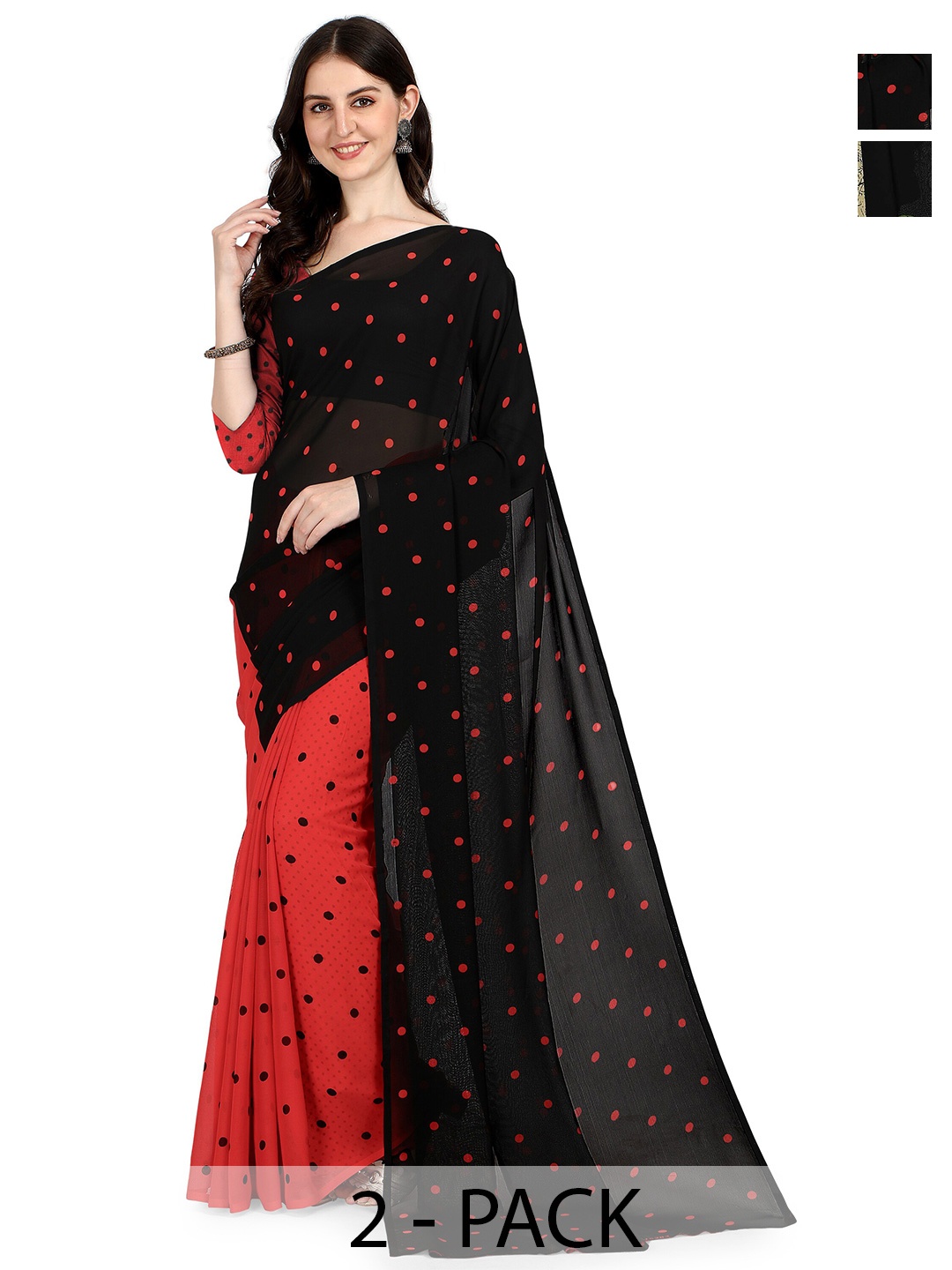

ANAND SAREES Pack of 2 Polka Dot Saree, Black